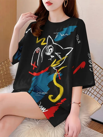 Women's Plus Size Loose Fit Cartoon Print T-Shirt