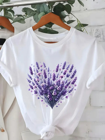 Women'S Lavender Floral Heart Print T-Shirt
