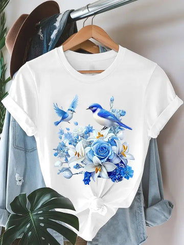 Women's Light Blue Floral & Bird Print T-Shirt