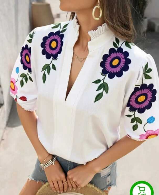 New Fasgion V- neck Short Sleeved Women hand paintedTop
