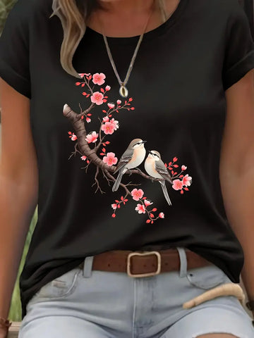 Women'S Stretchy Casual T-Shirt with Cherry Blossom & Birds Design