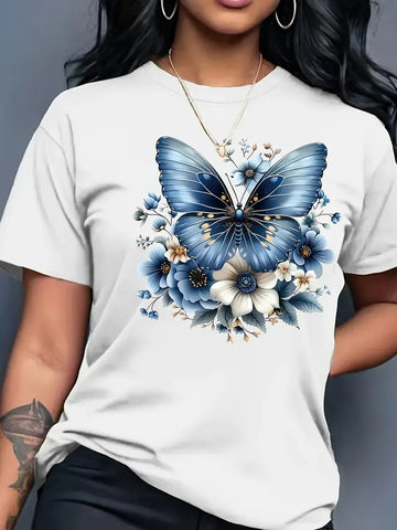 Vibrant Pink Butterfly & Floral Print Women T-Shirt