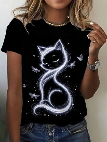 Women'S Elegant Cat Print T-Shirt