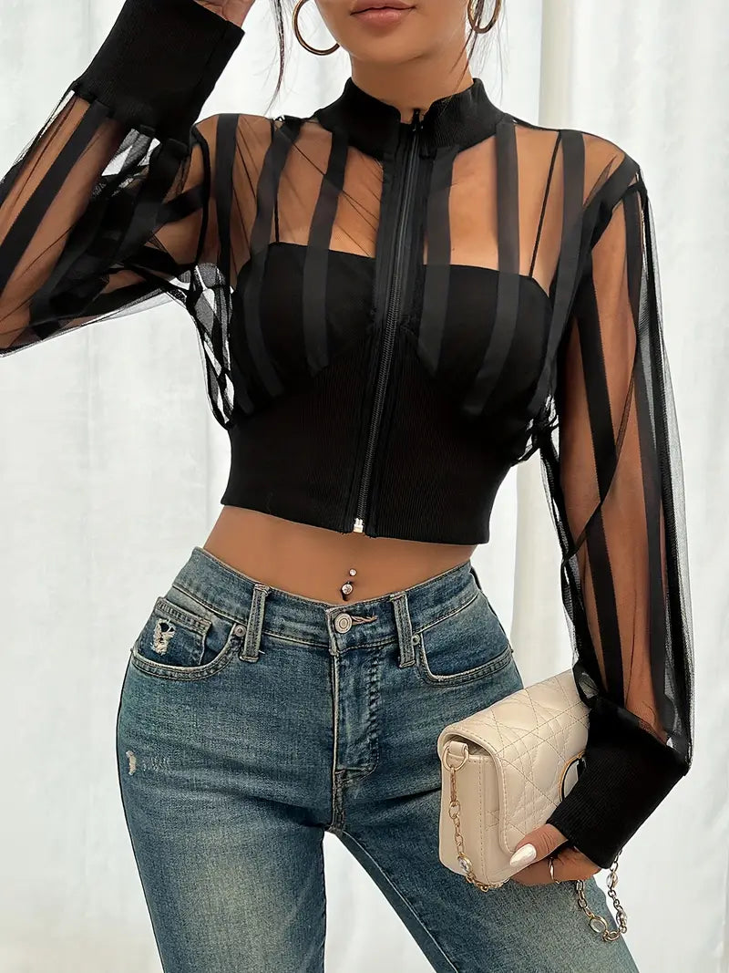 Solid Color Open Front Jacket, Elegant Long Sleeve Crop Outerwear for Spring & Fall