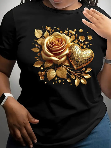 Women'S Flower Crew Neck T-Shirt, Casual Style