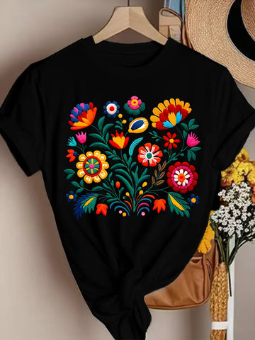 Women's Casual Short Sleeve T-Shirt with Blue Forget-Me-Not Floral Print,