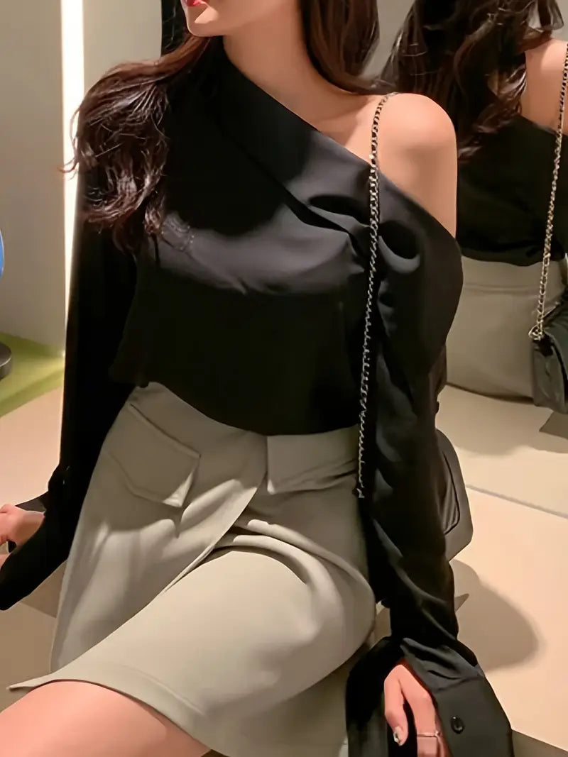 Women'S Elegant Off-Shoulder Asymmetrical Neck Black Top- Long Sleeve, Solid Black