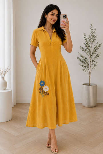 Elegant Mustard Yellow Embroidered Dress