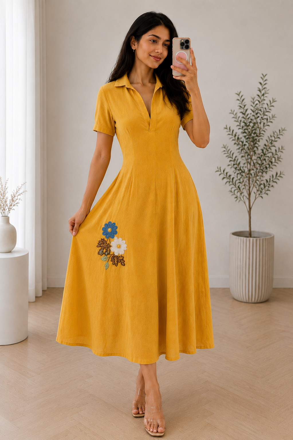Elegant Mustard Yellow Embroidered Dress