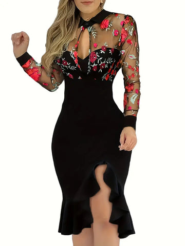 Stunning Floral Bodycon Dress - Long Sleeve, Ruffle Hem, Mesh Stitching, Elegant, Women's Formal Wear, Party, Evening, Dating Outfit