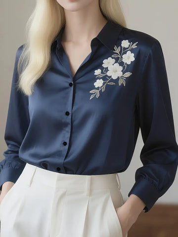 Women'S Elegant Blouse - Soft Satin-like Texture, Classic Collar Button-Up Shirt for Wedding Guest, Office, Party - All-Season Formal & Everyday Tops