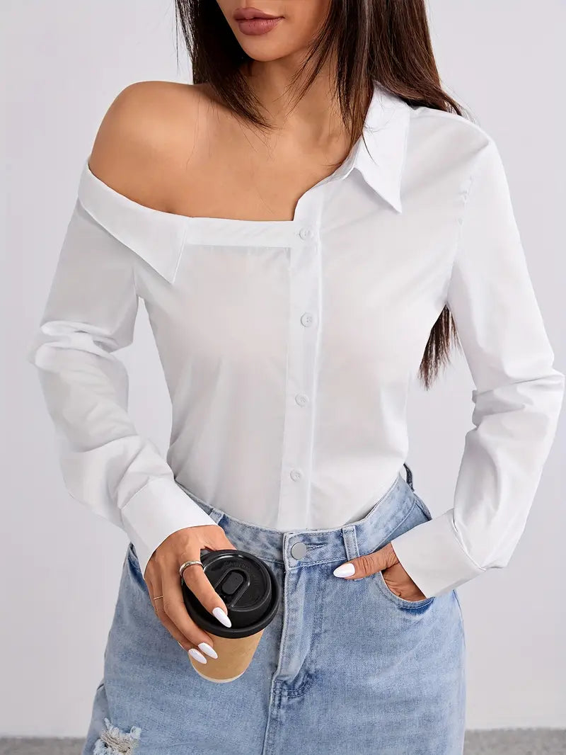 Stylish One-Shoulder Long Sleeve Blouse - Chic Solid Color, Button Front,
