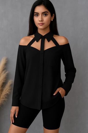 Women'S Solid Color Long Sleeve Shirt with Cut-Out Chest and Collar