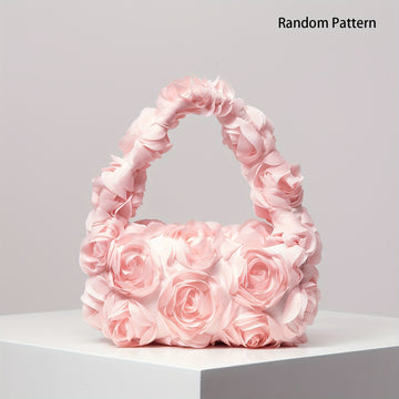 Unique Handle Design| Elegant Rose Pattern Evening Clutch Chic Polyester Bag with Zip Closure, Perfect for Weddings & Parties - Sweet & Ro tic for Wo on Valentine's Day