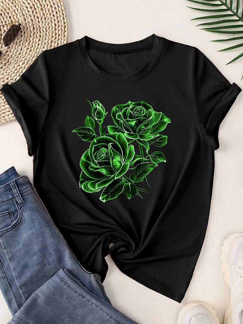 Women's Black Crew Neck Short Sleeve T-Shirt
