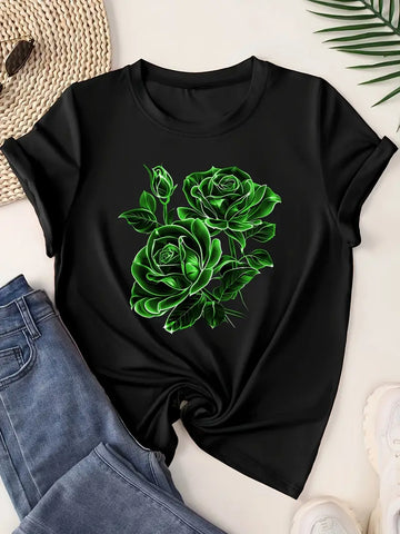 Women's Black Crew Neck Short Sleeve T-Shirt