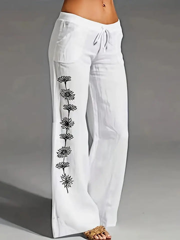 Women'S Elegant Linen Wide-Leg Pants with Floral Pattern