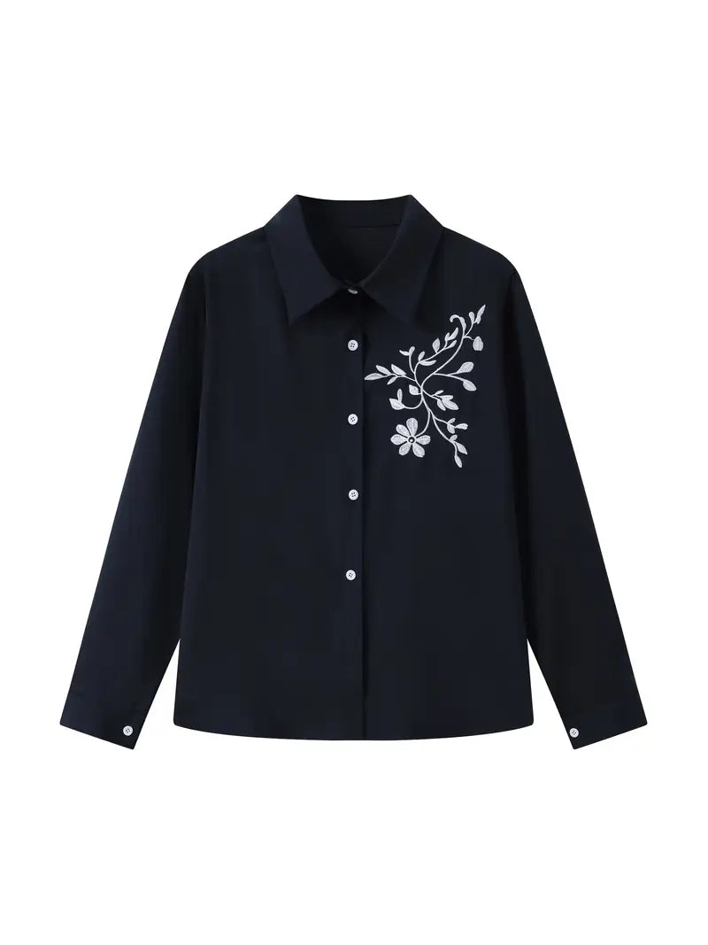 Naval Blue with Silvery Floral Embroidery Satin Shirt