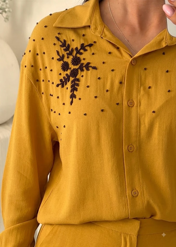 Mustard Yellow Floral Embroidered Rayon Viscose Shirt