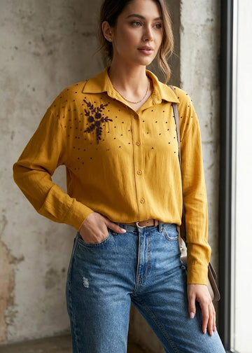 Mustard Yellow Floral Embroidered Rayon Viscose Shirt