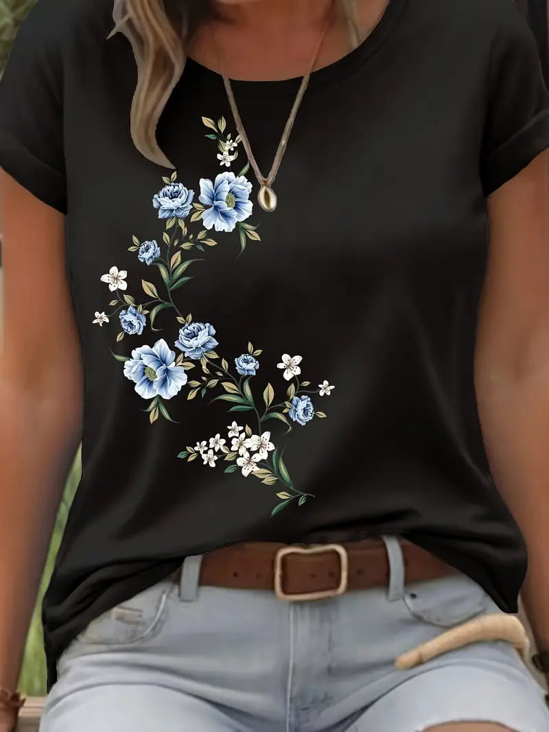 Women'S Flower Crew Neck T-Shirt, Casual Style