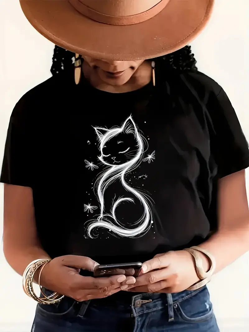 Women'S Elegant Cat Print T-Shirt