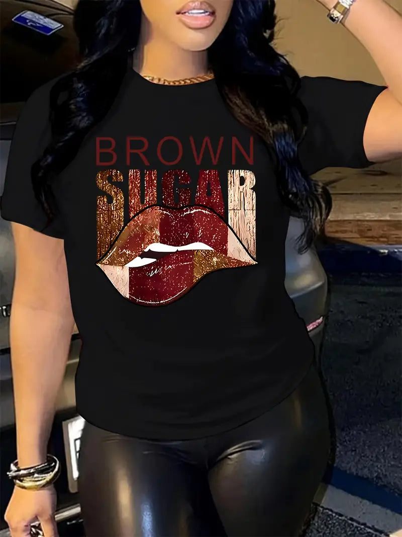 Women's Casual Short Sleeve T-Shirt With Lip & "Brown Sugar"