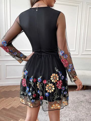 Floral Embroidered Mesh Splicing Dress