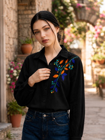 Women's Premium Black Viscose Embroidered Shirt