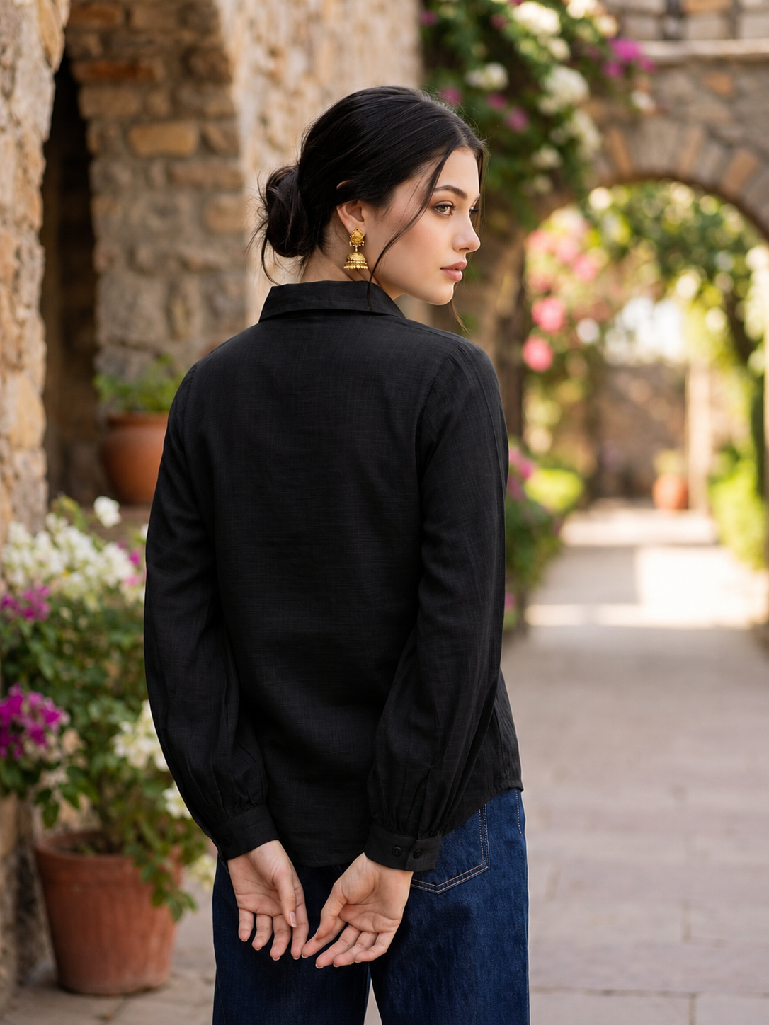 Women's Premium Black Viscose Embroidered Shirt