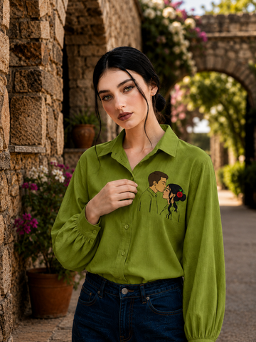 Olive Green Shirt for Women - Couple Embroidered