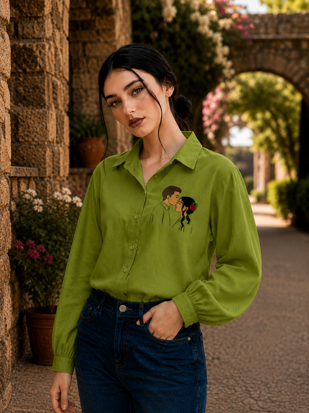 Olive Green Shirt for Women - Couple Embroidered