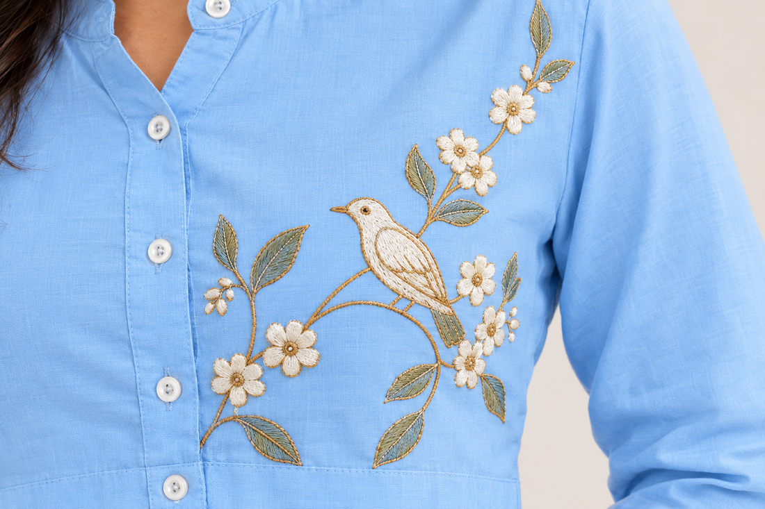 Sky Blue Bird Embroidered Cropped Shirt