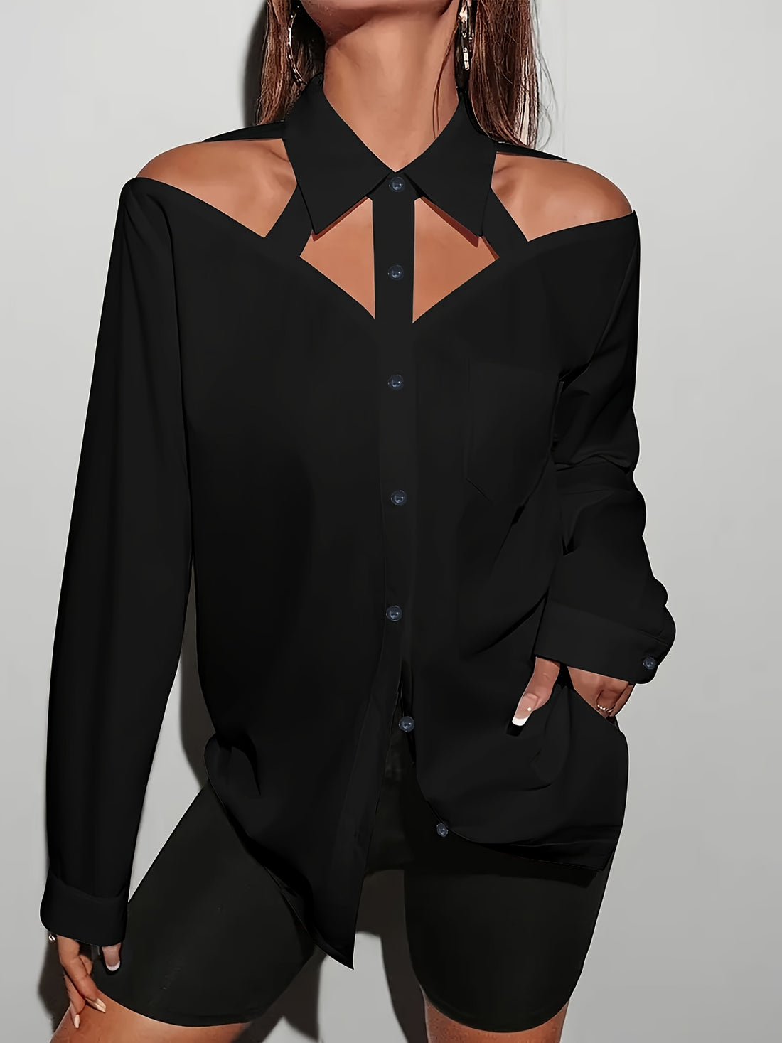 Elegant Shirt with a Hollowed-Out Collar, Solid Color Button-Up Shirt