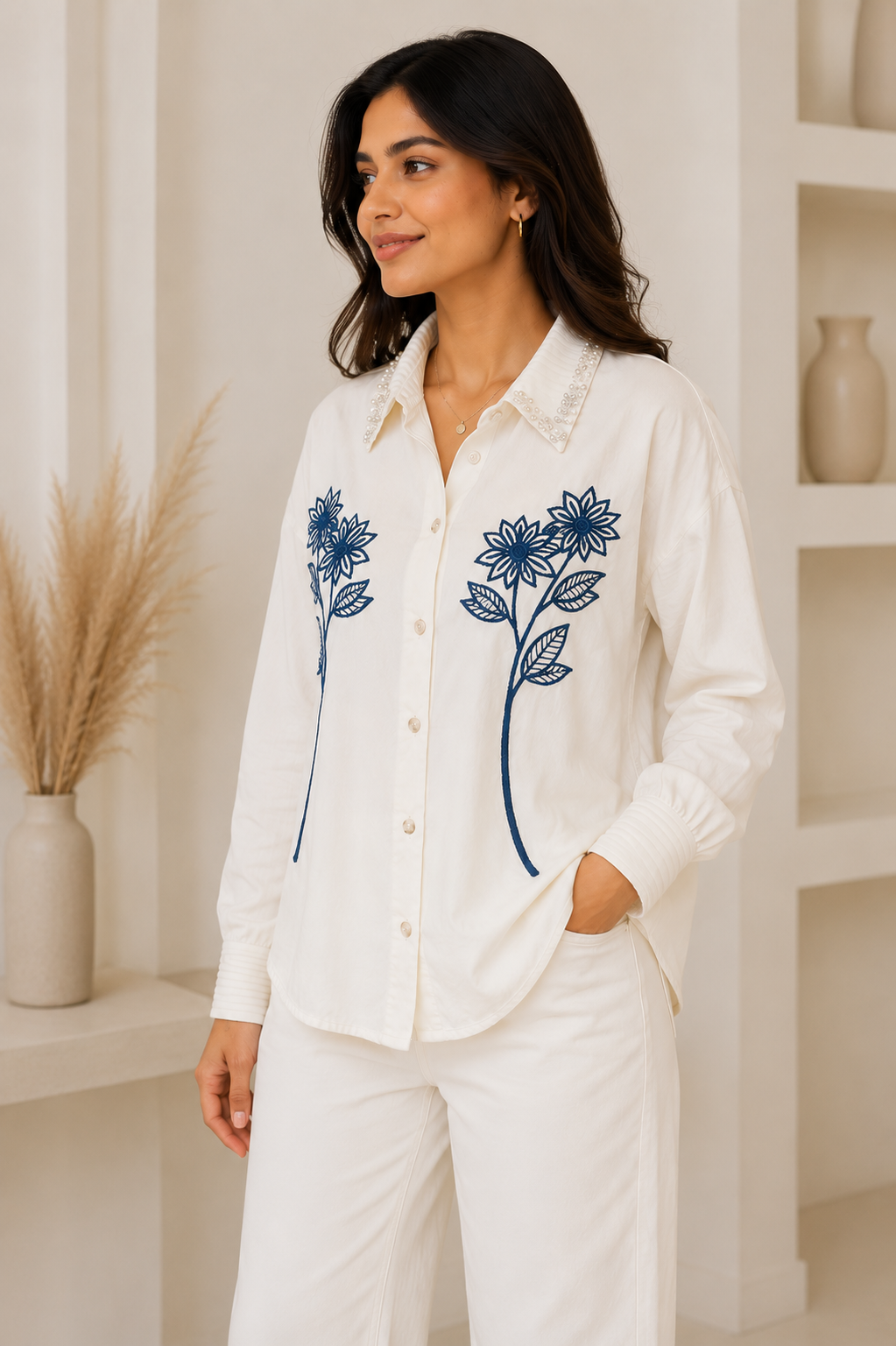 Women's Floral Embroidered Rayon Viscose Shirt
