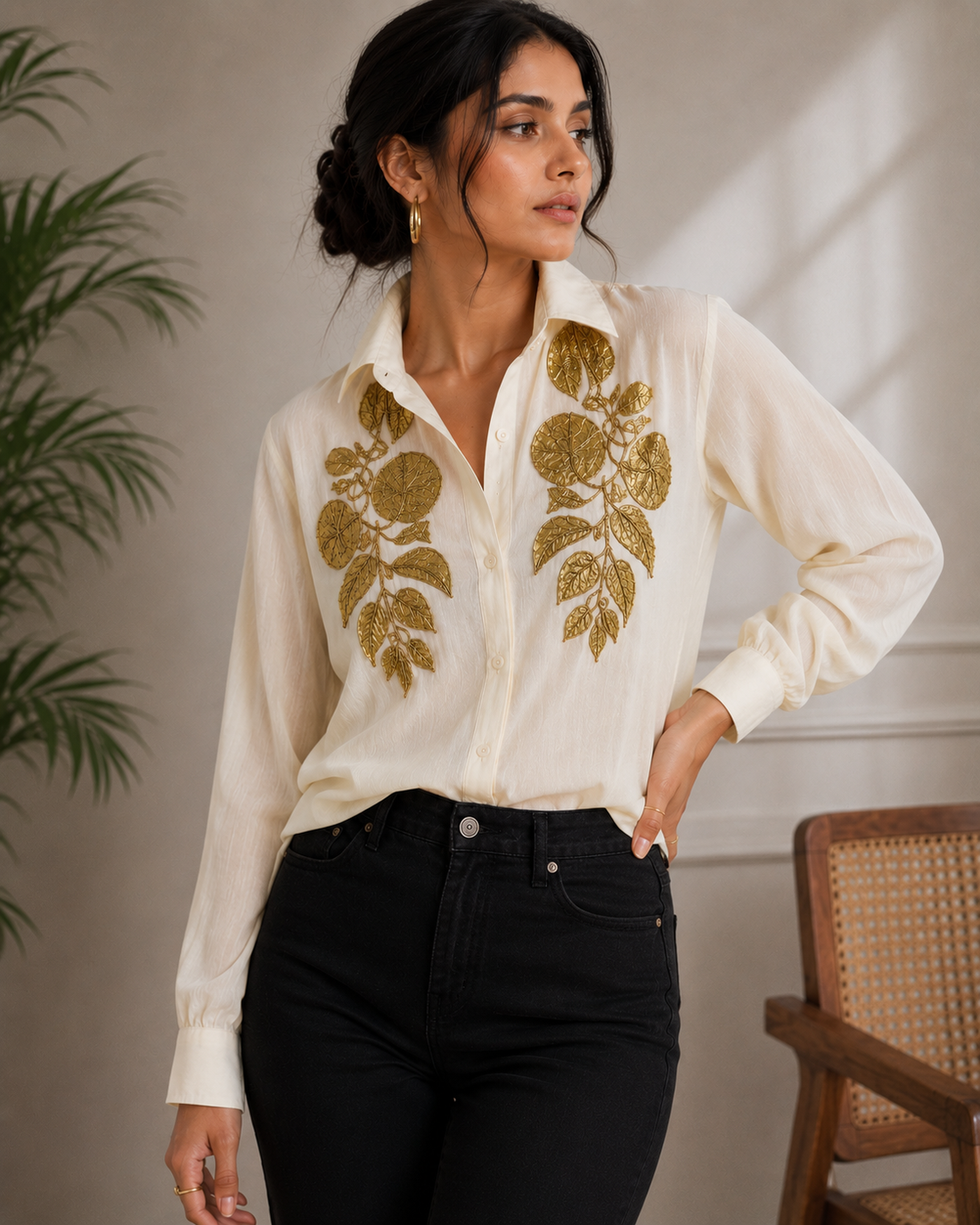 Women’s Premium  Rayon Viscose Shirt with Golden Gota Patti Embroidery