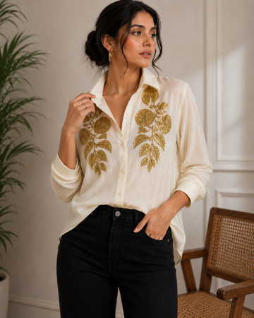 Women’s Premium  Rayon Viscose Shirt with Golden Gota Patti Embroidery
