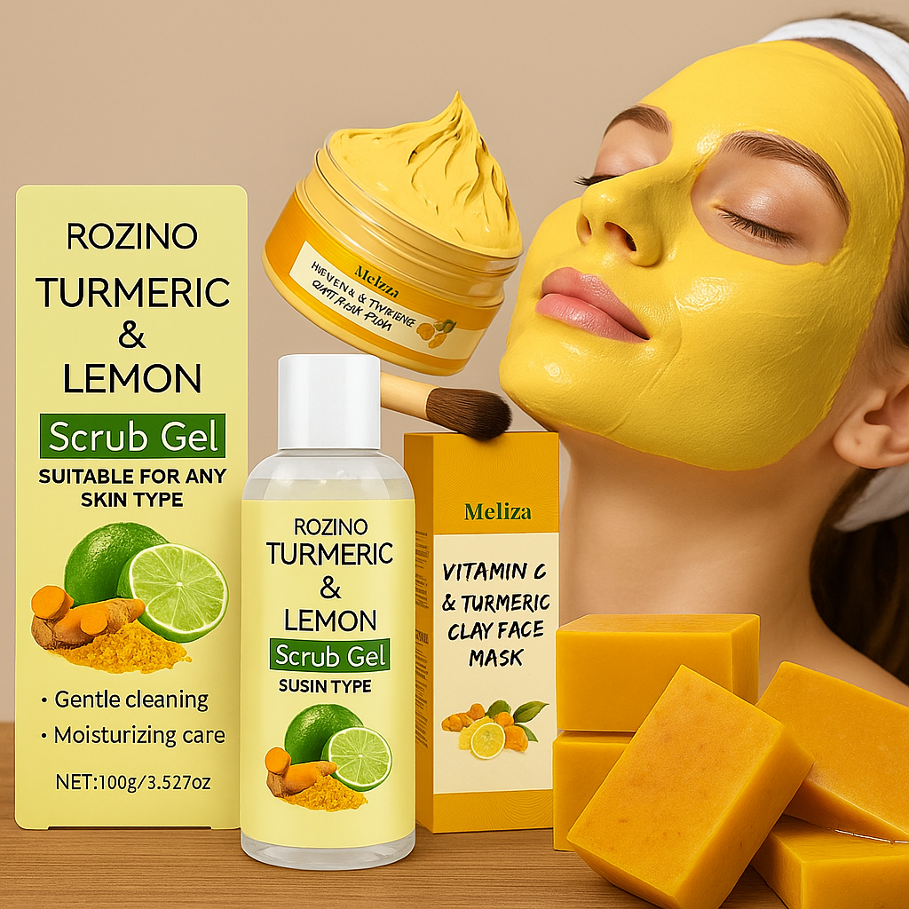 Face Kit - Turmeric & Lemon, Aloe Vera Scrub Gel 100g  Face mask 102g & Soap 100g Moisturizing Care, Skin Brightening, Travel-Friendly Size