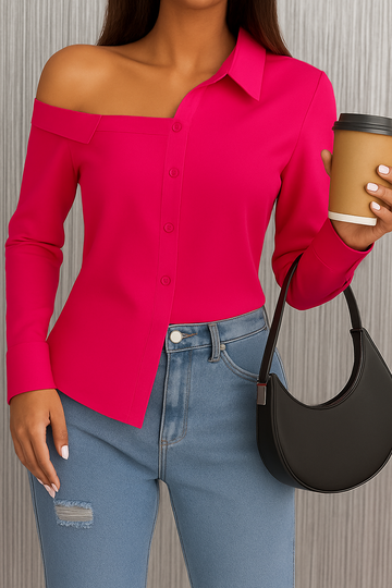 Stylish One-Shoulder Long Sleeve Blouse - Chic Solid Color, Button Front,