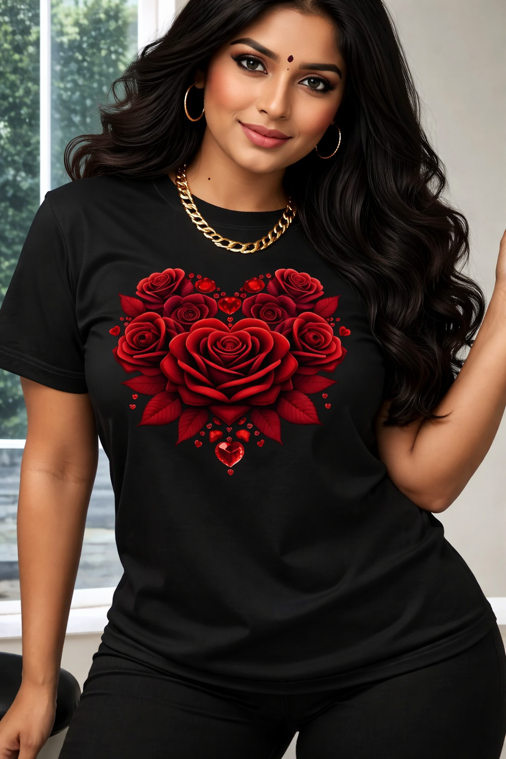 Women'S Floral Rose Heart Print T-Shirt