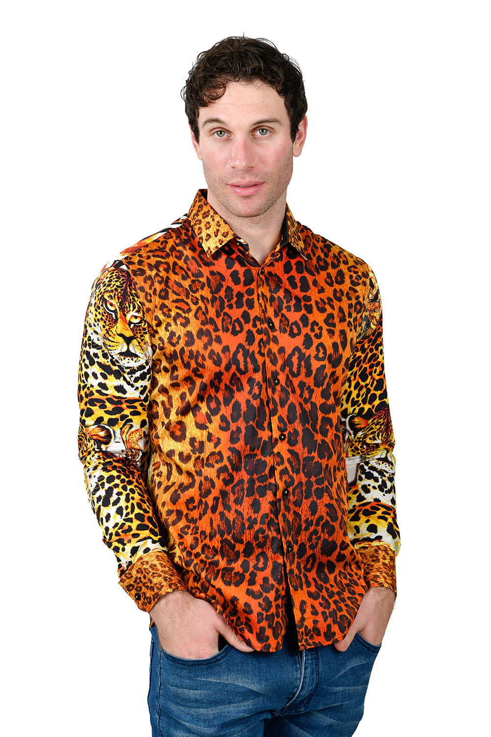 Men's Rhinestone Printed Leopard Chain Floral Shirts