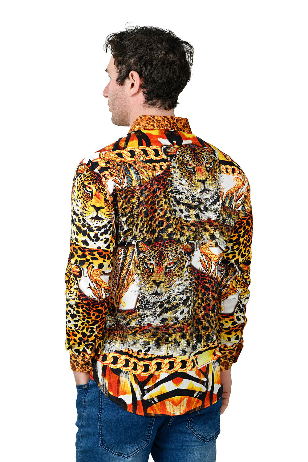 Men's Rhinestone Printed Leopard Chain Floral Shirts