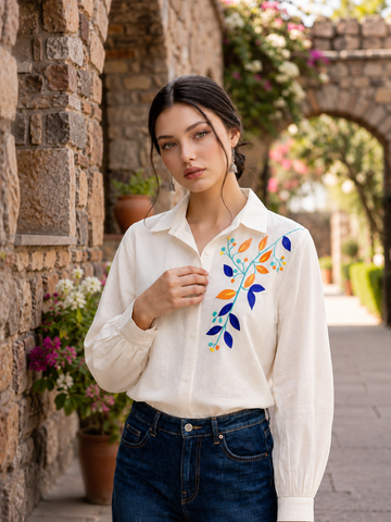 Women's Premium Off-White Viscose Embroidered Shirt
