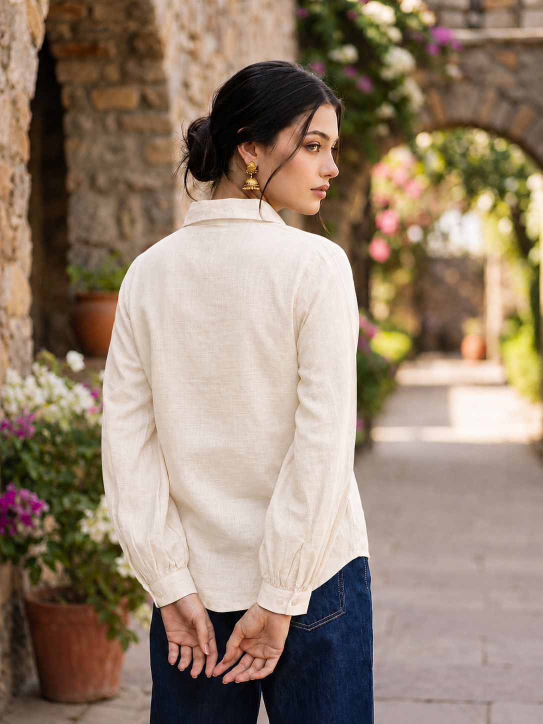Women's Premium Off-White Viscose Embroidered Shirt