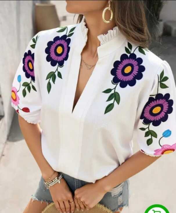 New Fasgion V- neck Short Sleeved Women hand paintedTop