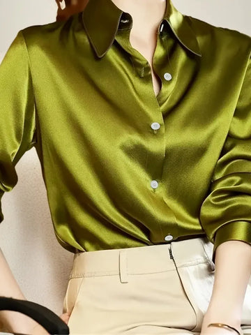Elegant Solid Color Satin Blouse with Lapel Collar, Polyester Spandex Blend, Machine Washable