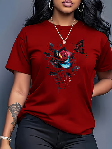 Round Neck Short Sleeve T-Shirt with Romantic Floral and Butterfly Print