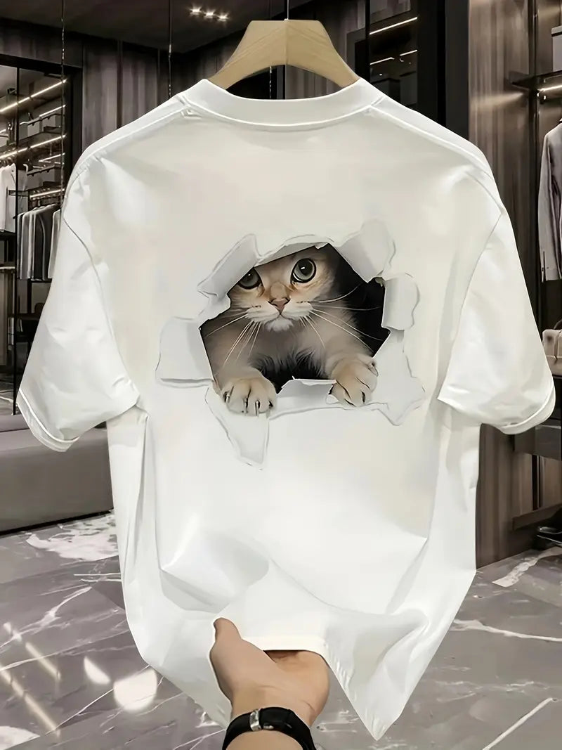 Cat Print Crew Neck T-shirt, Short Sleeve Casual Top For Spring & Summer, Women's Clothing