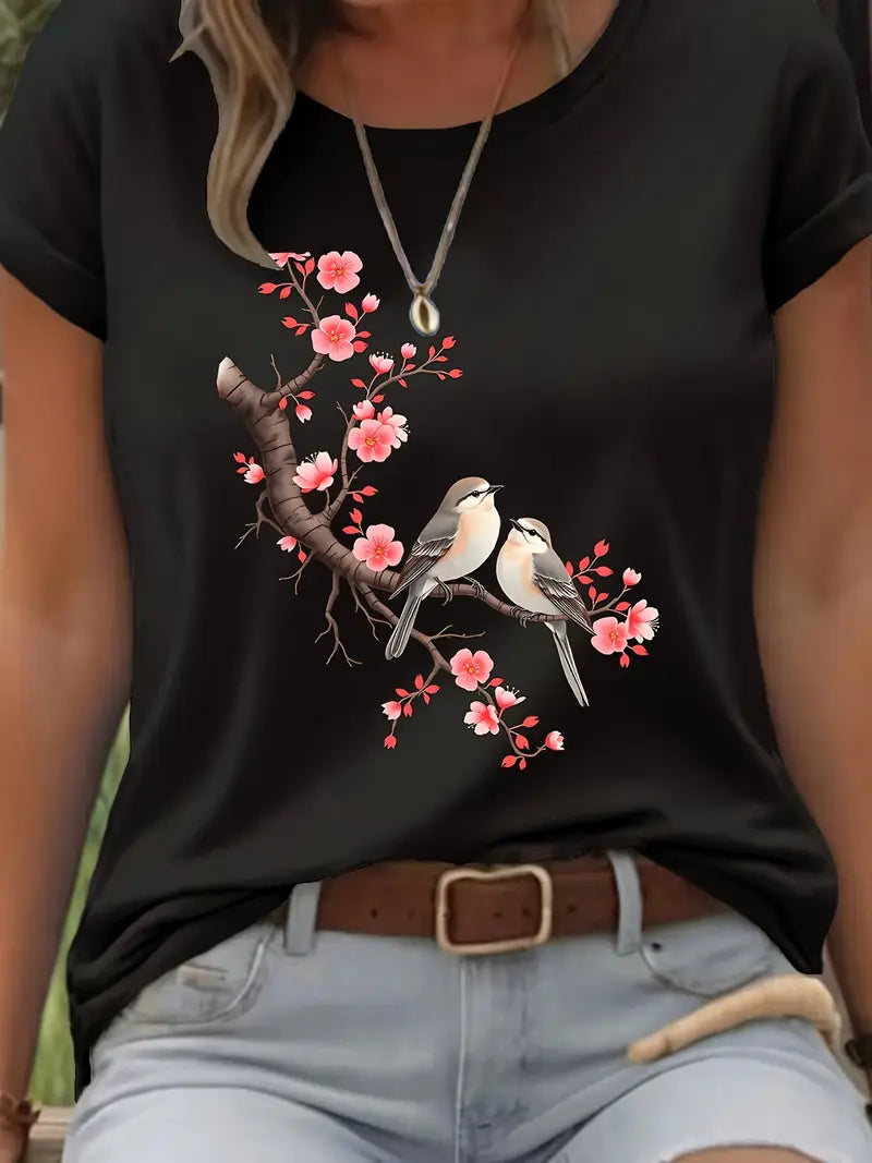 Women'S Stretchy Casual T-Shirt with Cherry Blossom & Birds Design