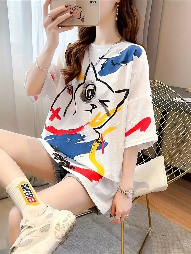 Women's Plus Size Loose Fit Cartoon Print T-Shirt
